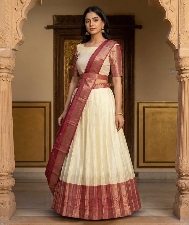Ivory & Maroon Silk Half Saree Style Lehenga Set
